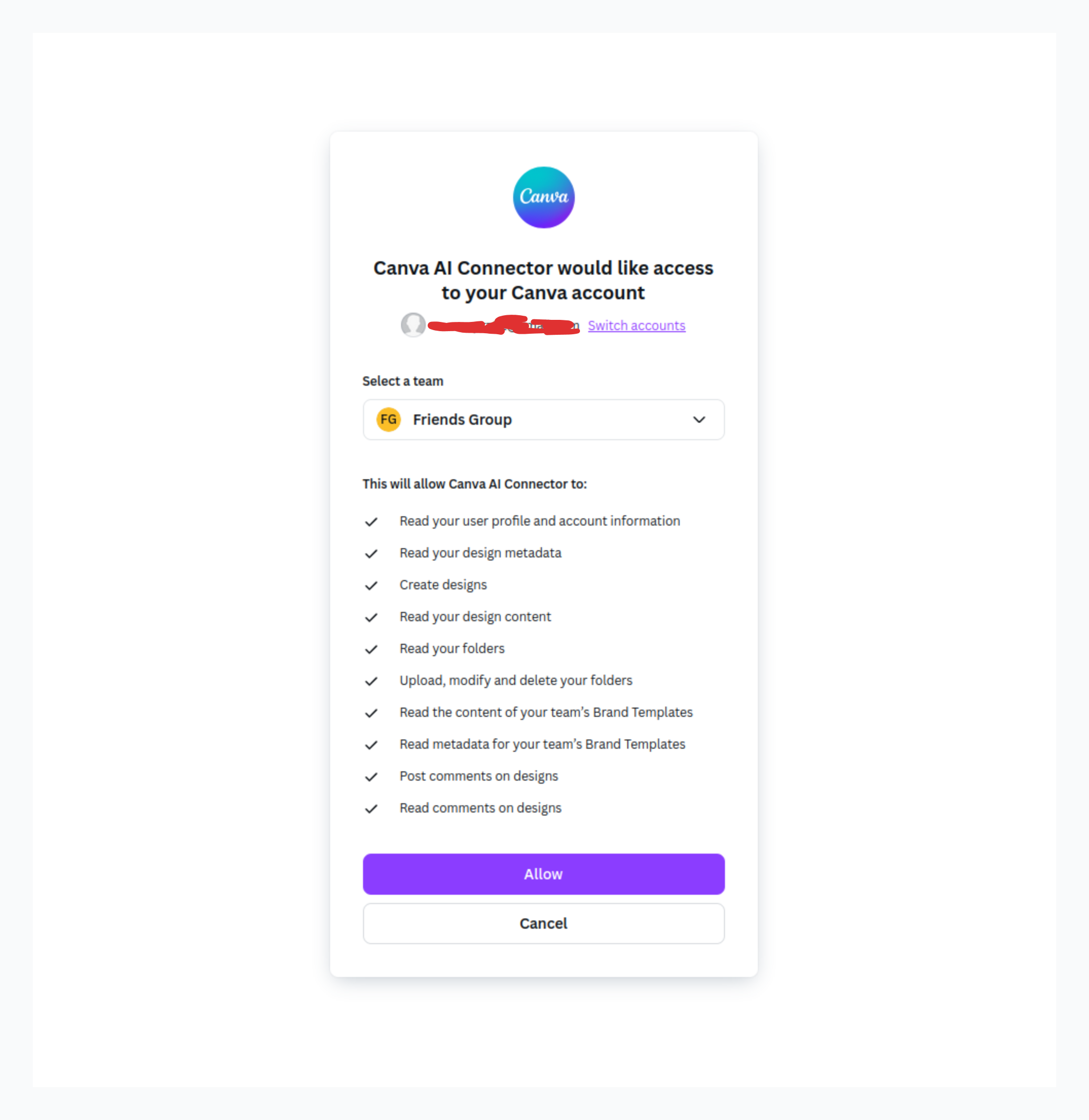 Canva team selection and permissions