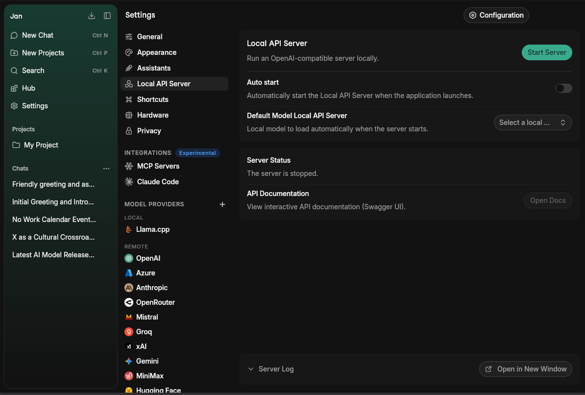 Jan's Local API Server Settings UI