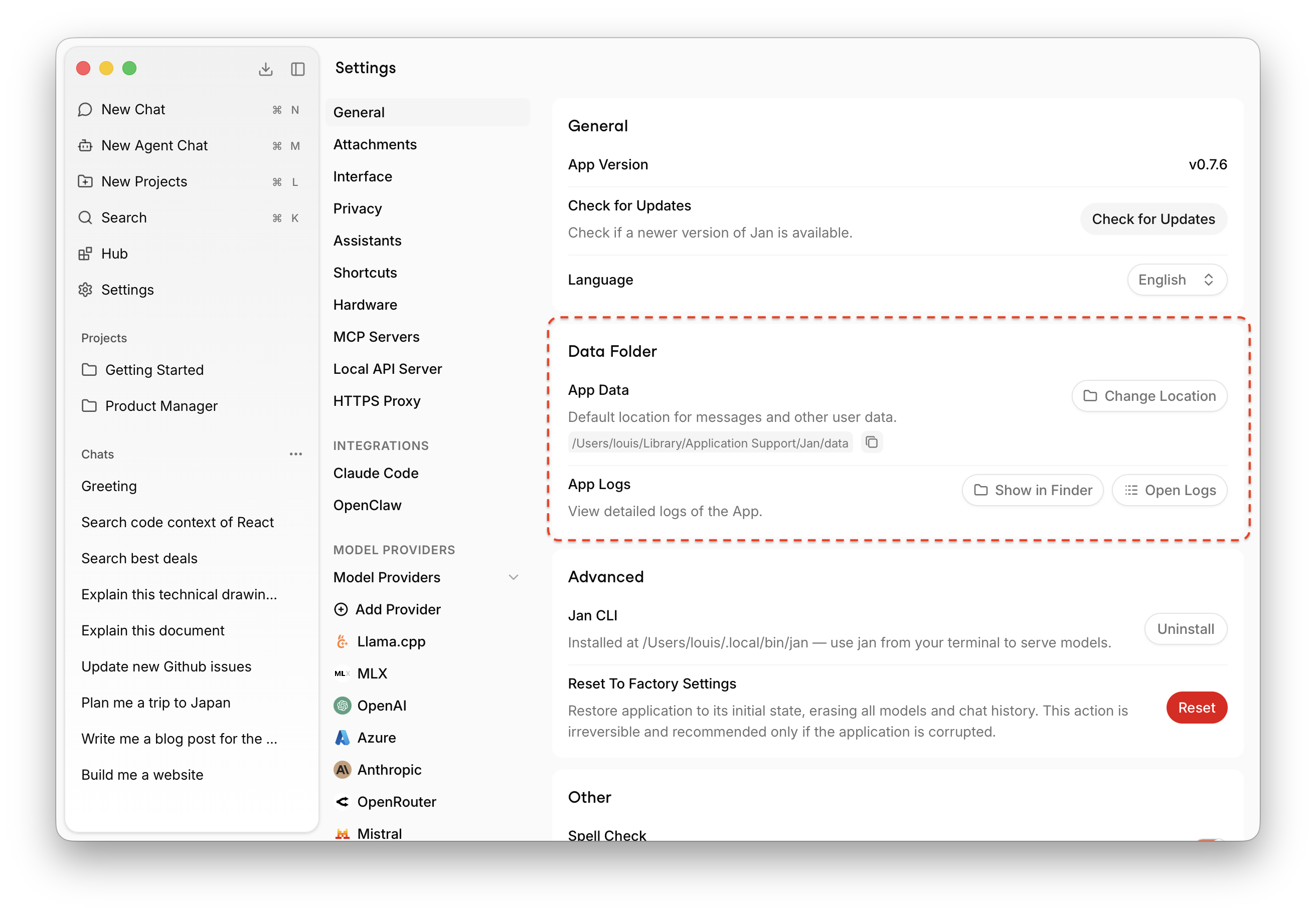 Open Jan Data Folder